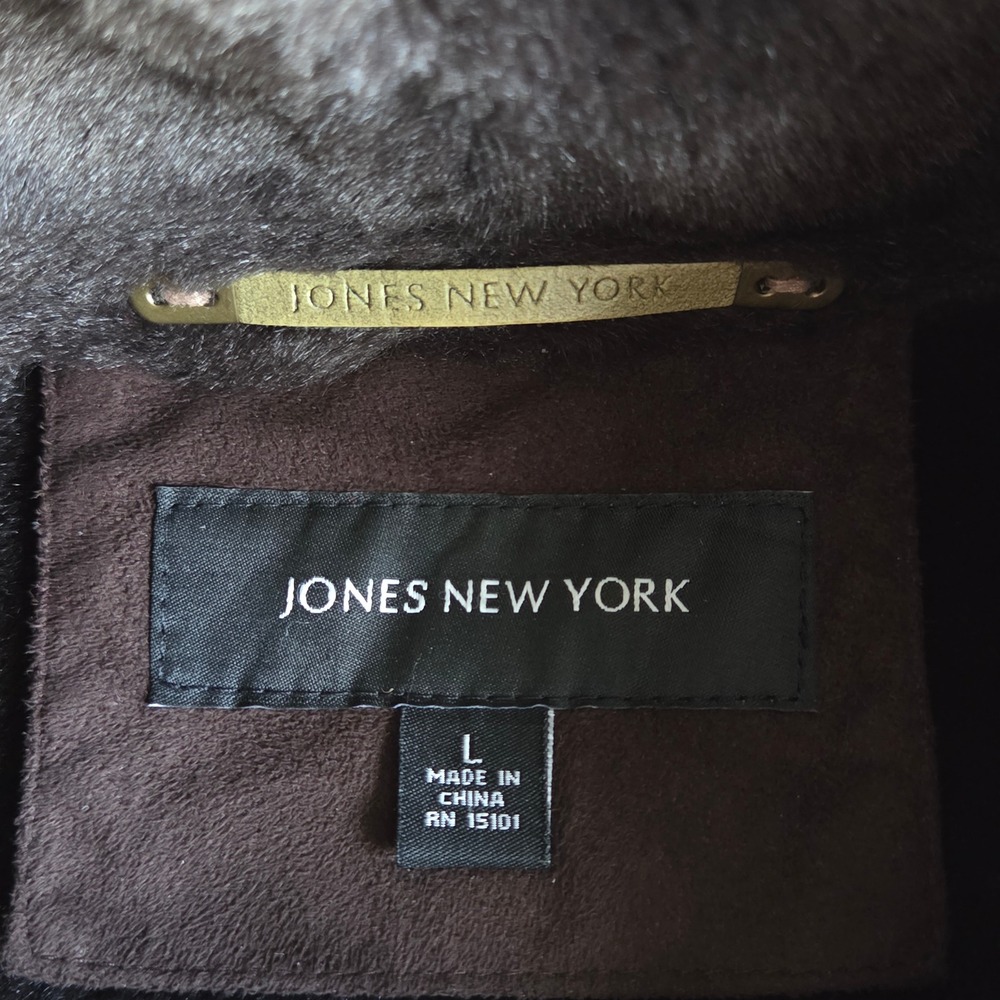 Jones New York Brown Vegan Suede Y2K Faux Fur Lined Coat Large Penny Lane - Picture 5 of 13